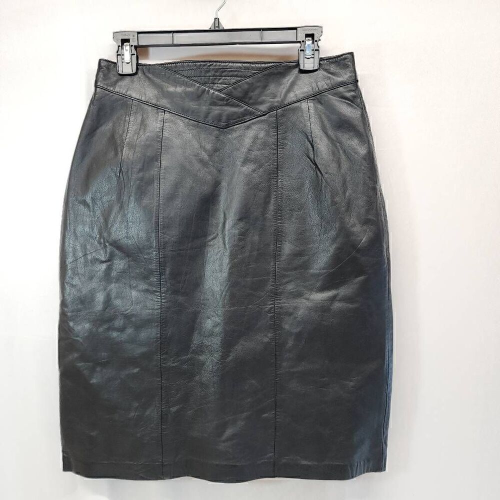 Jacqueline Ferrar Size 12 Vintage Black Leathet Pencil Skirt P10